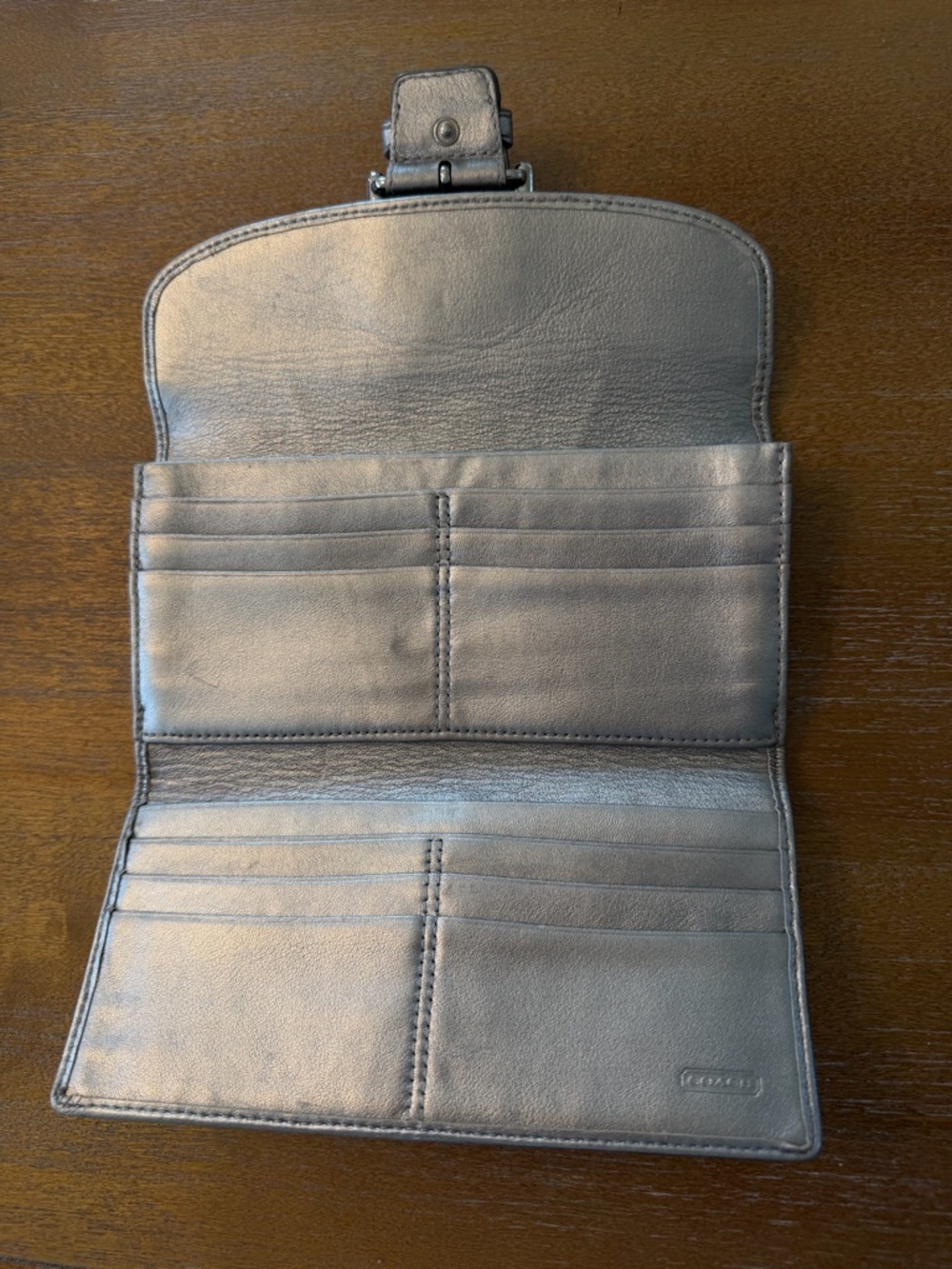 Coach Signature Jacquard Buckle Flap Wallet Purple Grey Silver Metallic Leather - Picture 3 of 4